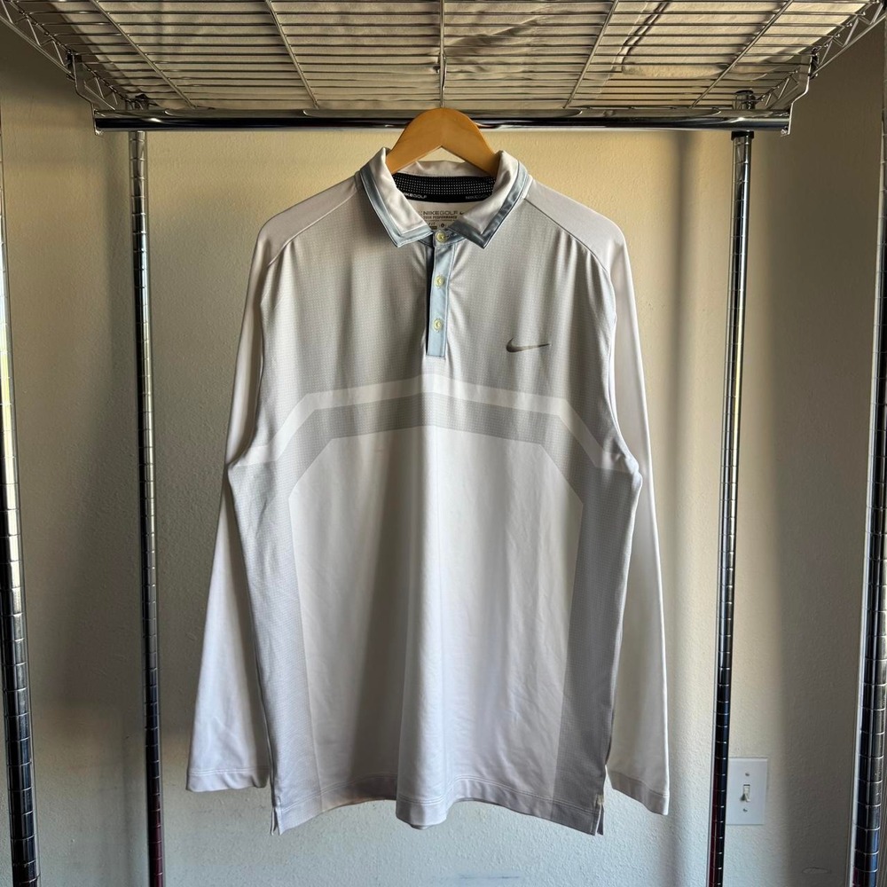 Nike Golf Tour Performance Dri-Fit Long Sleeve Polo White Geo Print Mens Large